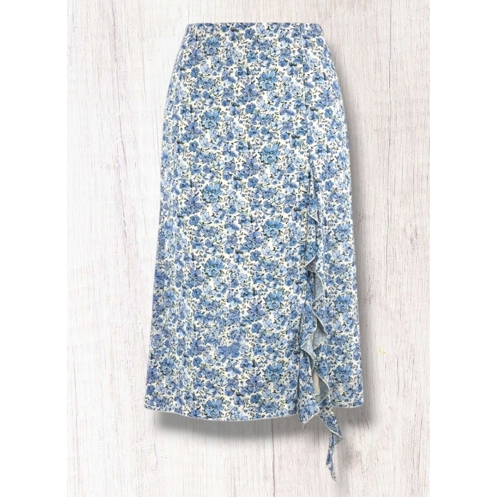 Originality Blue Floral Ruffle Slit Midi Skirt Large